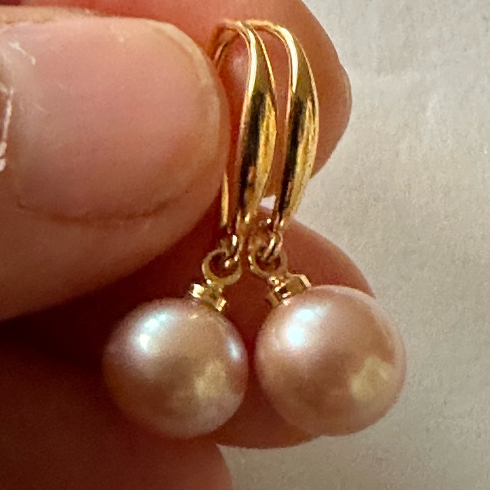 8.2mm NATURAL Purple Pearl Earrings 14K Gold Plate